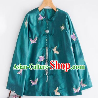 Chinese Traditional Costume National Tang Suit Shirts Embroidered Butterfly Green Blouse for Women