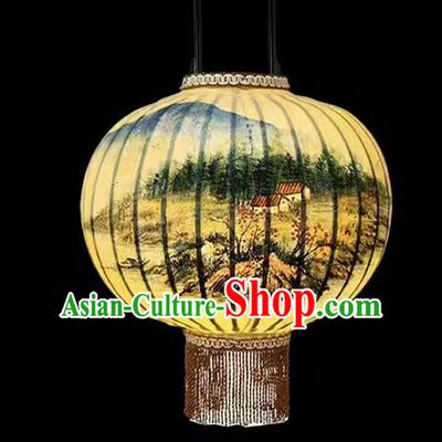 Chinese Traditional Ink Painting Landscape Round Lantern Handmade New Year Palace Lanterns