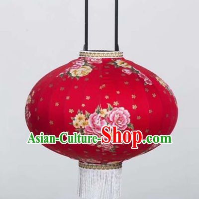 Chinese Traditional Printing Peony Flowers Red Hanging Lantern Handmade Craft New Year Palace Lanterns