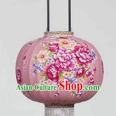 Chinese Traditional Printing Flowers Pink Hanging Lantern Handmade Craft New Year Palace Lanterns