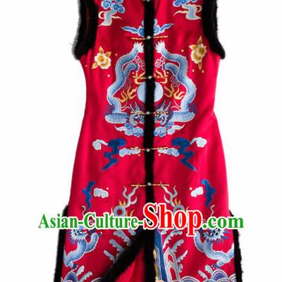 Traditional Chinese National Costume Red Long Vest Tang Suit Waistcoat for Women