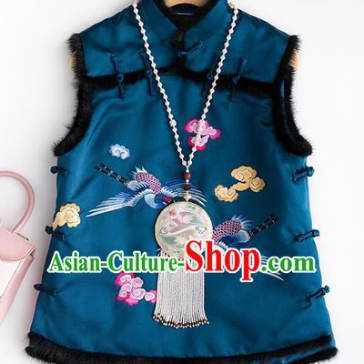 Traditional Chinese National Costume Embroidered Cranes Blue Vest Tang Suit Waistcoat for Women