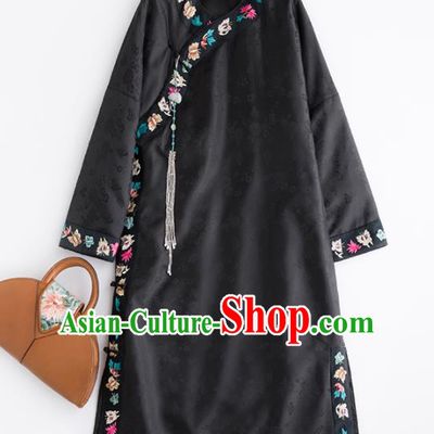 Chinese Traditional National Winter Costume Tang Suit Cheongsam Black Silk Qipao Dress for Women