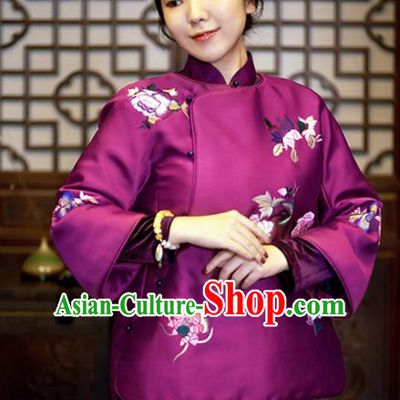 Chinese Traditional Costume National Tang Suit Purple Cotton Padded Jacket Outer Garment for Women