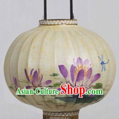 Chinese Traditional Ink Painting Purple Lotus Round Lantern Handmade New Year Palace Lanterns