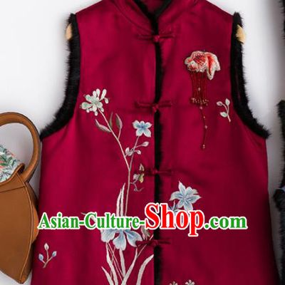 Traditional Chinese National Costume Wine Red Vest Tang Suit Waistcoat for Women