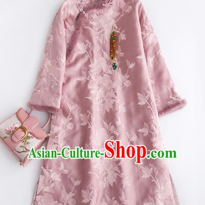 Chinese Traditional National Costume Tang Suit Cheongsam Pink Winter Qipao Dress for Women