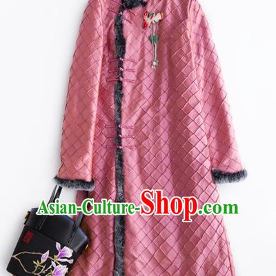 Chinese Traditional Costume National Tang Suit Pink Cotton Padded Coat Outer Garment for Women