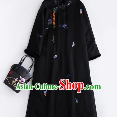 Chinese Traditional Costume National Tang Suit Black Cotton Padded Coat Outer Garment for Women