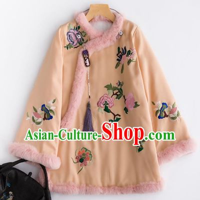 Chinese Traditional Costume National Tang Suit Embroidered Peony Orange Cotton Padded Jacket for Women