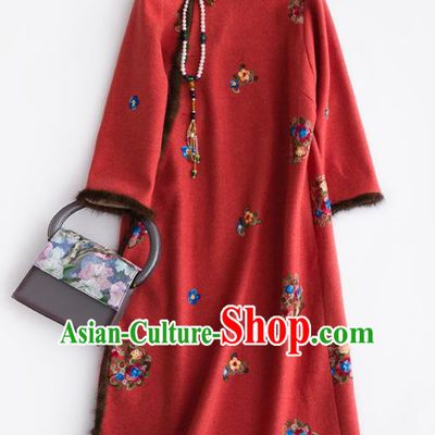 Chinese Traditional National Costume Tang Suit Cheongsam Red Wool Embroidered Qipao Dress for Women