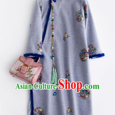 Chinese Traditional National Costume Tang Suit Cheongsam Lilac Wool Embroidered Qipao Dress for Women