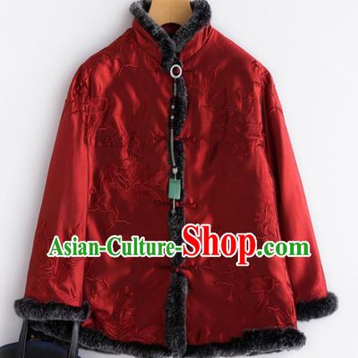 Chinese Traditional National Costume Tang Suit Embroidered Red Cotton Padded Jacket for Women