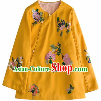 Chinese Traditional National Costume Tang Suit Upper Outer Garment Embroidered Peony Yellow Blouse for Women