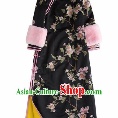 Chinese Traditional National Costume Cheongsam Ancient Qing Dynasty Embroidered Black Qipao Dress for Women