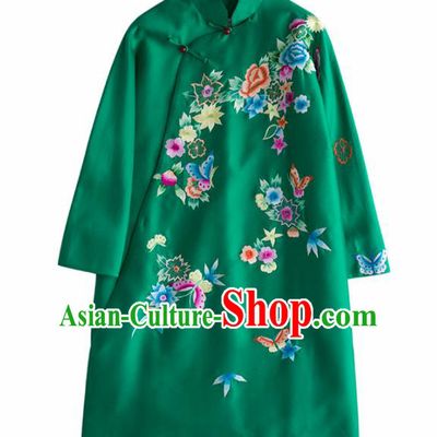 Chinese Traditional National Costume Tang Suit Embroidered Green Coat for Women