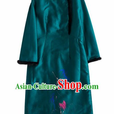 Chinese Traditional National Costume Tang Suit Embroidered Deep Green Dust Coat for Women