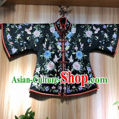 Chinese Traditional National Costume Ancient Qing Dynasty Embroidered Black Silk Blouse for Women