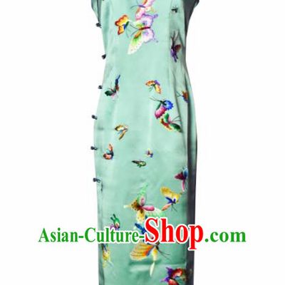 Chinese Traditional Costume National Cheongsam Embroidered Butterfly Green Silk Qipao Dress for Women