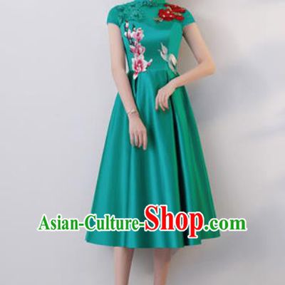 Chinese Traditional National Costume Classical Cheongsam Embroidered Green Satin Qipao Dress for Women