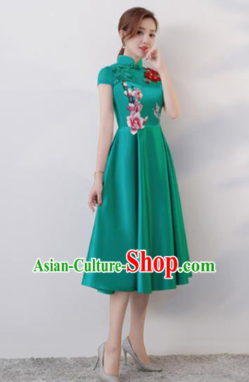 Chinese Traditional National Costume Classical Cheongsam Embroidered Green Satin Qipao Dress for Women