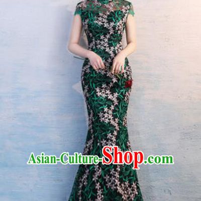 Chinese Traditional National Costume Classical Wedding Cheongsam Green Fishtail Full Dress for Women