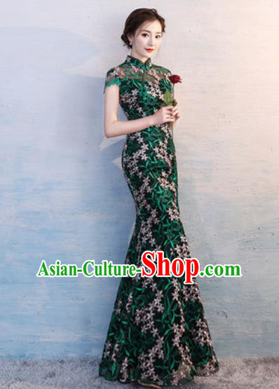 Chinese Traditional National Costume Classical Wedding Cheongsam Green Fishtail Full Dress for Women Chinese Traditional National Costume Classical Wedding Cheongsam Green Fishtail Full Dress for Women