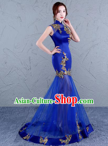 Chinese Traditional National Costume Classical Wedding Cheongsam Royalblue Veil Full Dress for Women Chinese Traditional National Costume Classical Wedding Cheongsam Royalblue Veil Full Dress for Women