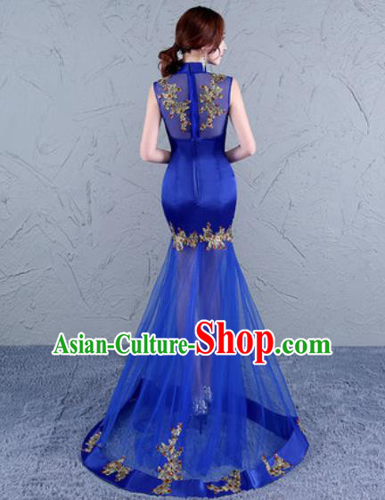Chinese Traditional National Costume Classical Wedding Cheongsam Royalblue Veil Full Dress for Women Chinese Traditional National Costume Classical Wedding Cheongsam Royalblue Veil Full Dress for Women