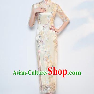 Chinese Traditional National Costume Classical Wedding Cheongsam Yellow Full Dress for Women