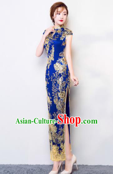 Chinese Traditional National Costume Classical Wedding Cheongsam Royalblue Full Dress for Women Chinese Traditional National Costume Classical Wedding Cheongsam Royalblue Full Dress for Women