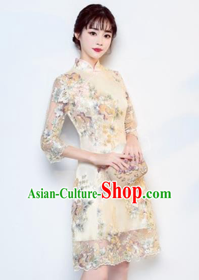 Chinese Traditional National Costume Classical Cheongsam Wedding Beige Full Dress for Women Chinese Traditional National Costume Classical Cheongsam Wedding Beige Full Dress for Women