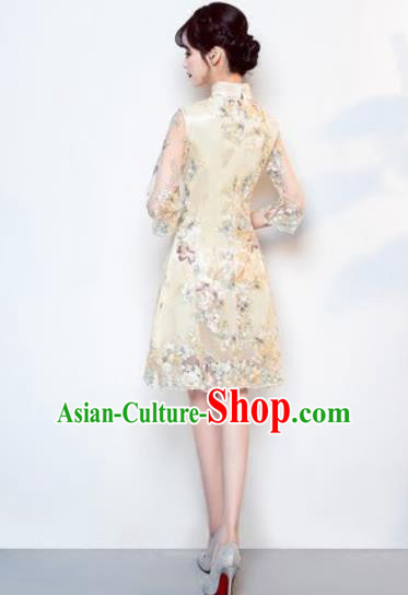 Chinese Traditional National Costume Classical Cheongsam Wedding Beige Full Dress for Women Chinese Traditional National Costume Classical Cheongsam Wedding Beige Full Dress for Women