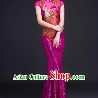 Chinese Traditional National Costume Classical Wedding Rosy Fishtail Full Dress for Women