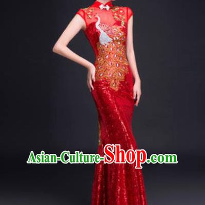 Chinese Traditional National Costume Classical Wedding Red Fishtail Full Dress for Women