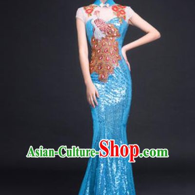 Chinese Traditional National Costume Classical Wedding Blue Fishtail Full Dress for Women