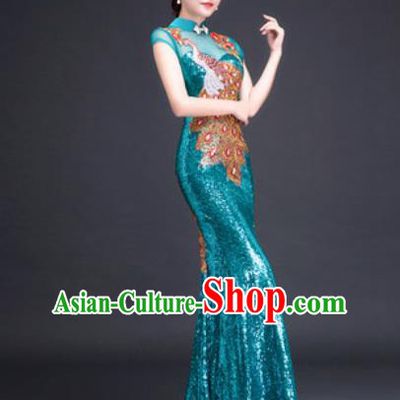 Chinese Traditional National Costume Classical Wedding Lake Blue Fishtail Full Dress for Women