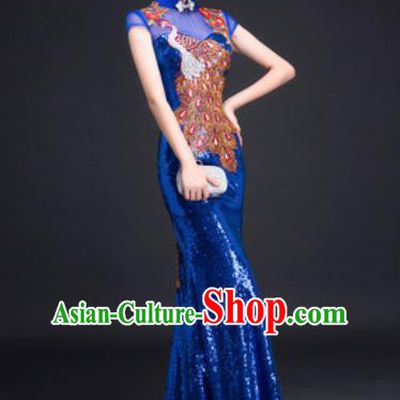 Chinese Traditional National Costume Classical Wedding Royalblue Fishtail Full Dress for Women