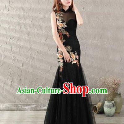 Chinese Traditional National Costume Classical Wedding Black Veil Fishtail Full Dress for Women