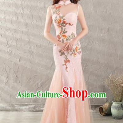 Chinese Traditional National Costume Classical Wedding Pink Veil Fishtail Full Dress for Women