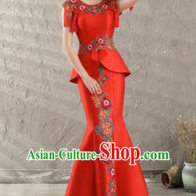 Chinese Traditional Wedding Costume Classical Embroidered Red Fishtail Full Dress for Women