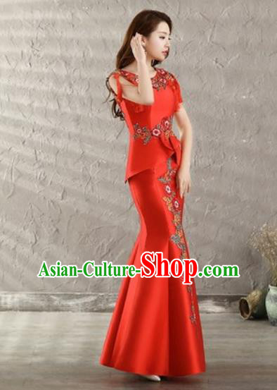 Chinese Traditional Wedding Costume Classical Embroidered Red Fishtail Full Dress for Women Chinese Traditional Wedding Costume Classical Embroidered Red Fishtail Full Dress for Women