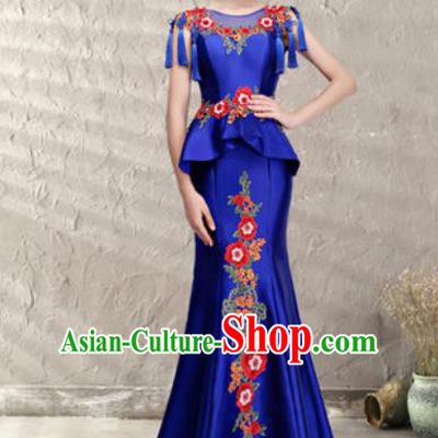 Chinese Traditional Wedding Costume Classical Embroidered Royalblue Fishtail Full Dress for Women