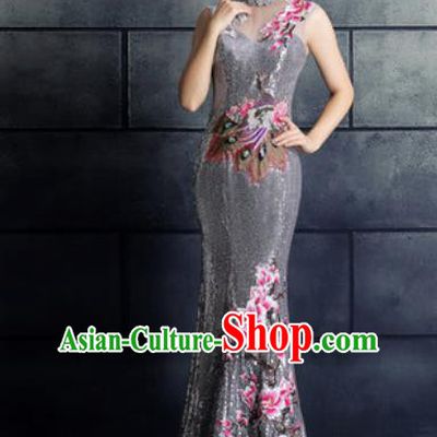 Chinese Traditional Wedding Costume Classical Embroidered Magnolia Grey Full Dress for Women
