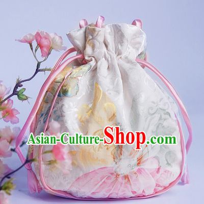 Chinese Traditional Hanfu Accessories Classical Embroidered White Silk Handbag for Women