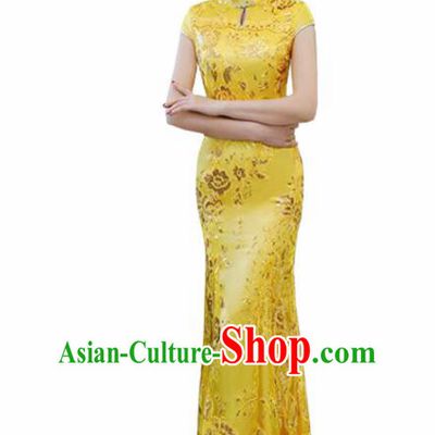 Chinese Traditional Wedding Costume Classical Embroidered Yellow Full Dress for Women