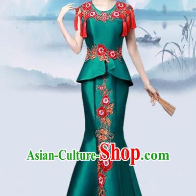 Chinese Traditional Wedding Costume Classical Embroidered Deep Green Full Dress for Women