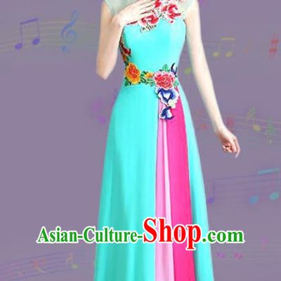 Chinese Traditional Cheongsam Costume Classical Embroidered Peony Blue Full Dress for Women