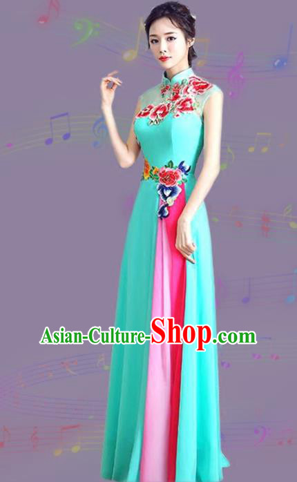 Chinese Traditional Cheongsam Costume Classical Embroidered Peony Blue Full Dress for Women Chinese Traditional Cheongsam Costume Classical Embroidered Peony Blue Full Dress for Women