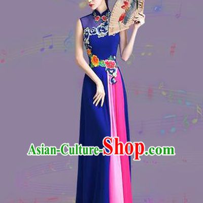 Chinese Traditional Cheongsam Costume Classical Embroidered Peony Royalblue Full Dress for Women